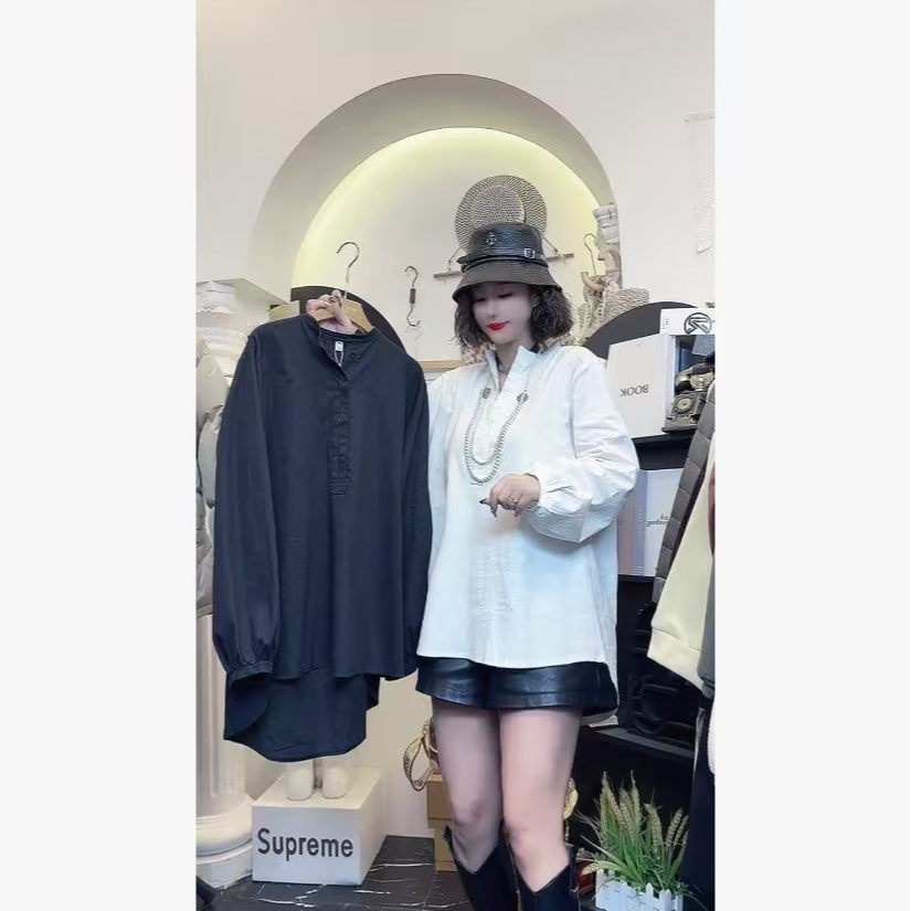 D26 010316 日系风设计感小众衬衫新款宽松廓形圆领套头灯笼袖