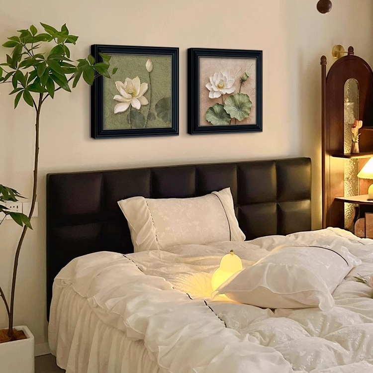 荷花卧室床头小挂画中古风玄关装饰画复古餐厅油画艺术壁画高级感