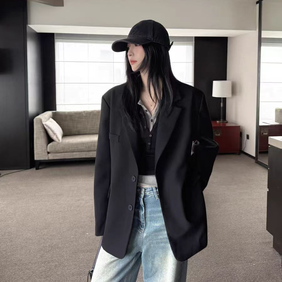 1-100号口袋极简风纽扣宽松拼接纯色西装小西服休闲韩版气质