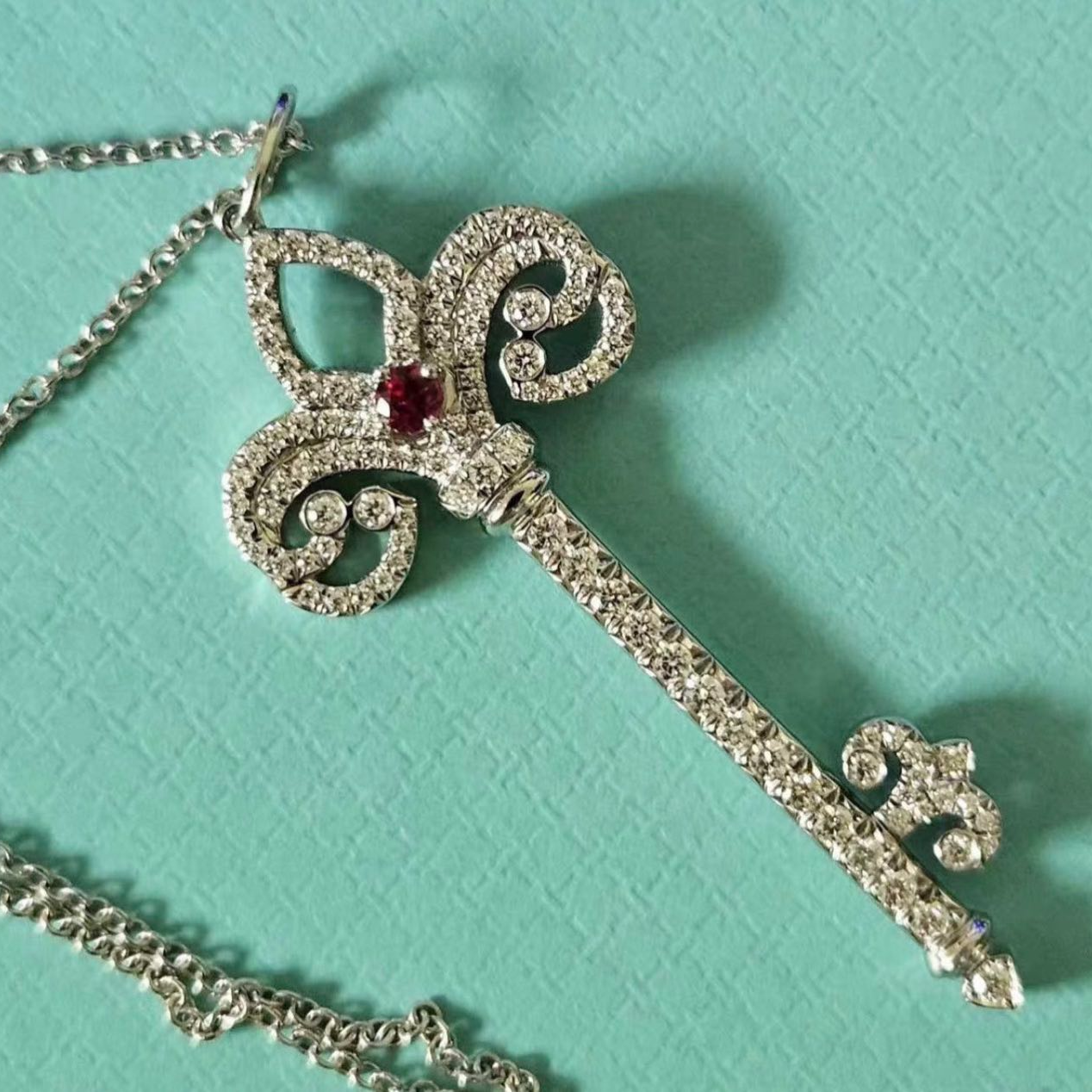 99新 Tiffany & Co./蒂芙尼 小花6珊 鸢尾花形 红宝石白金项链