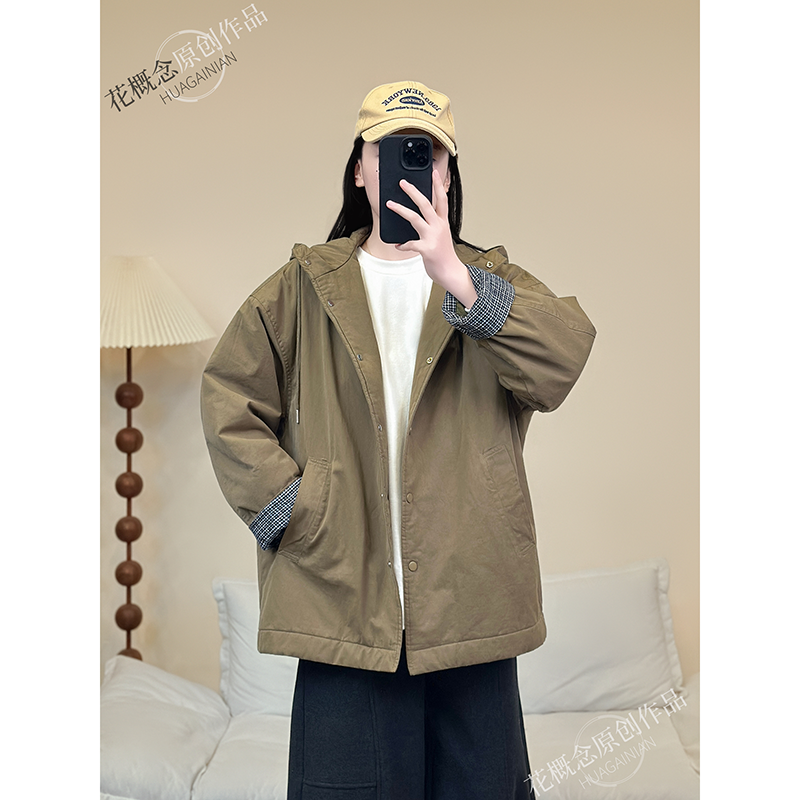 HUAGAINIAN/花概念棉服慵懒风抽绳连帽袖口复古格纹夹棉加厚棉服