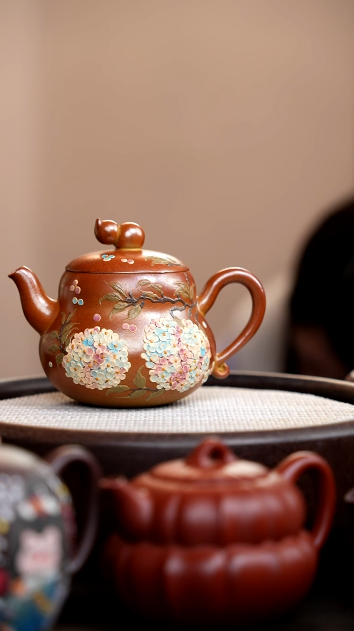 茶壶紫砂柴烧葫芦壶葫芦钮绣球花