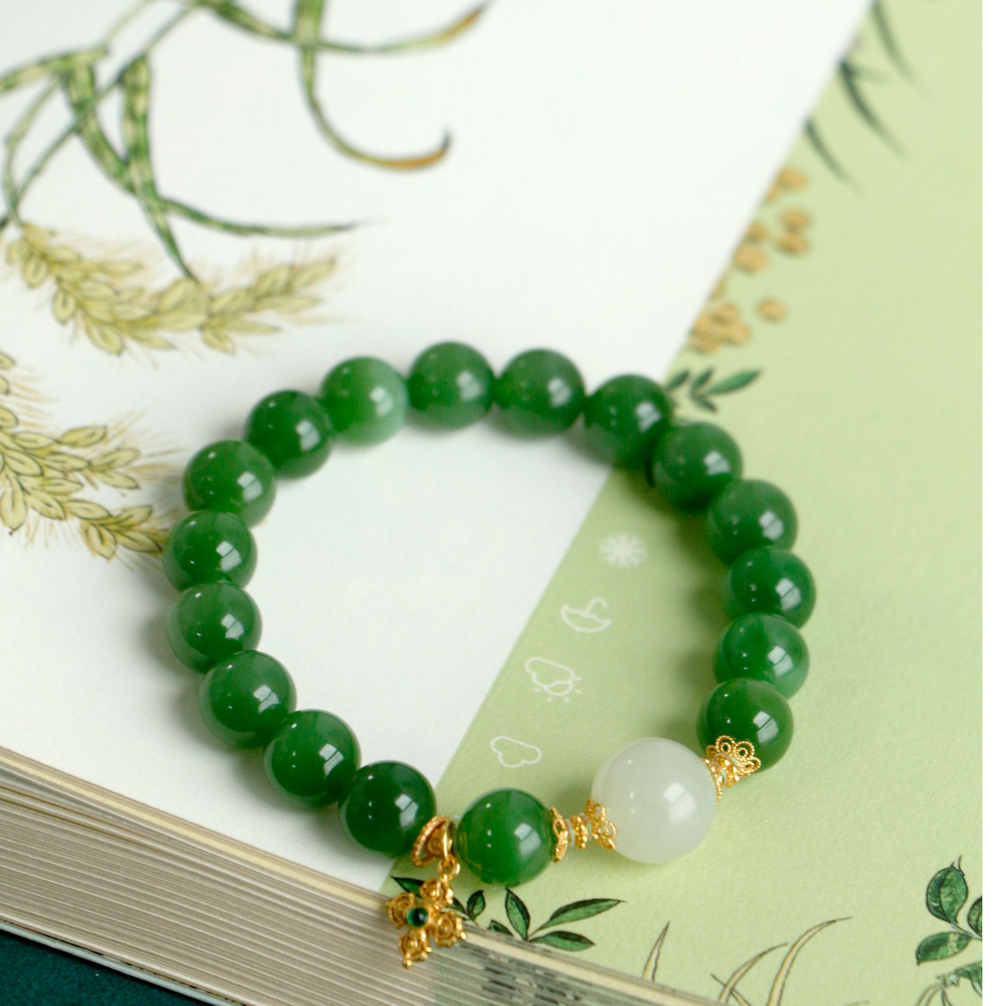 和田玉碧玉配藕粉单圈手串9+mm