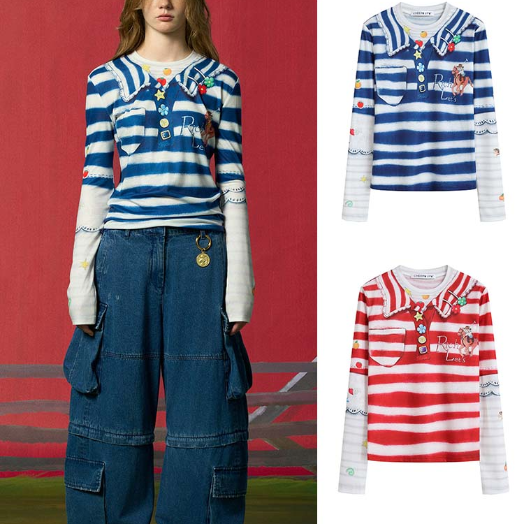 【现货】CHEERi UPi2026春条纹POLO印花俏皮软语风修身打底T恤上衣