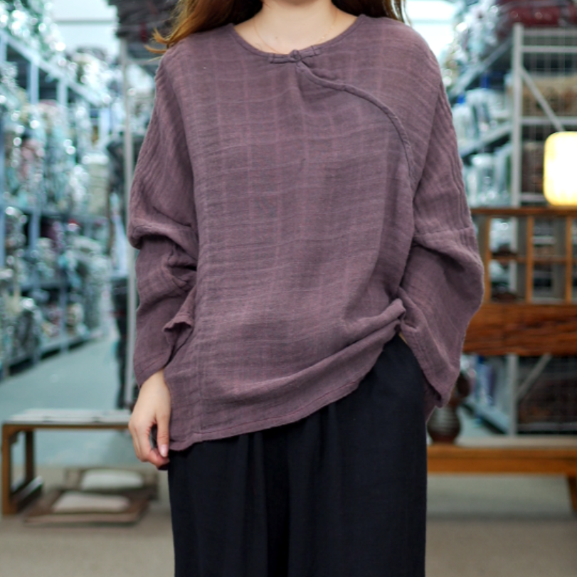 花璟与麻原创设计款纯色斜襟衬衫上衣（衣长63胸围146）