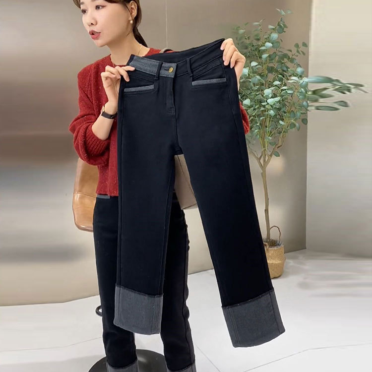 12331小众高腰直筒显瘦烟管加厚黑色牛仔阔腿裤女秋冬女装