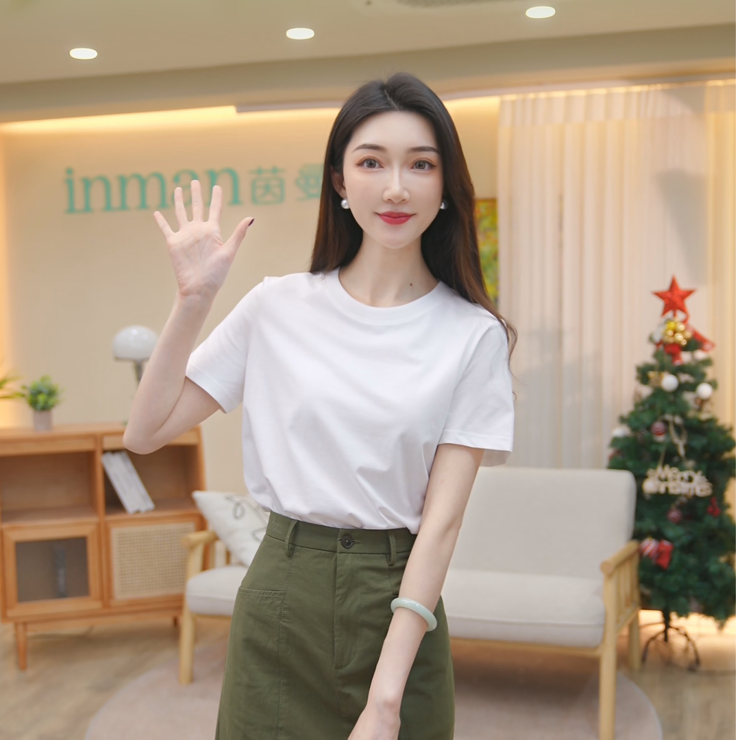 【视频同款】茵曼秋季显瘦纯棉短袖洋气衣服女经典百搭正肩纯色T