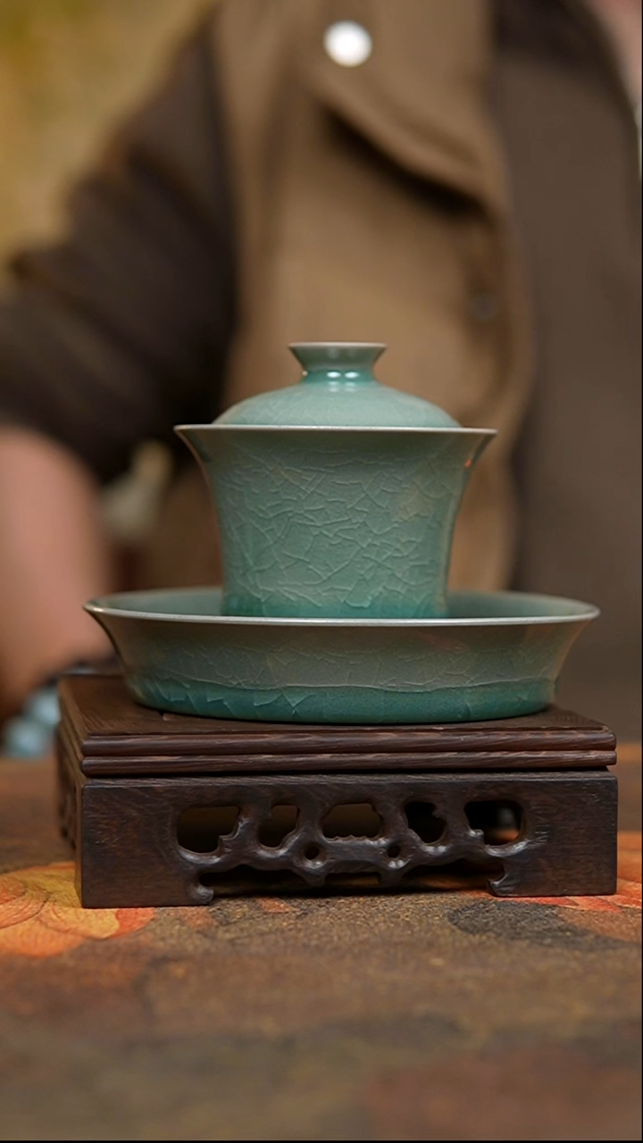 杯仿古翡翠绿釉两才盖碗+杯垫瑕套组