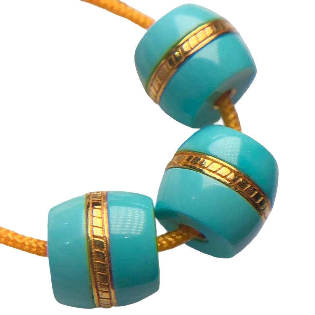 纯天然高瓷蓝果冻料精品绿松石错金搓金老型珠套珠，无暇品质，7+