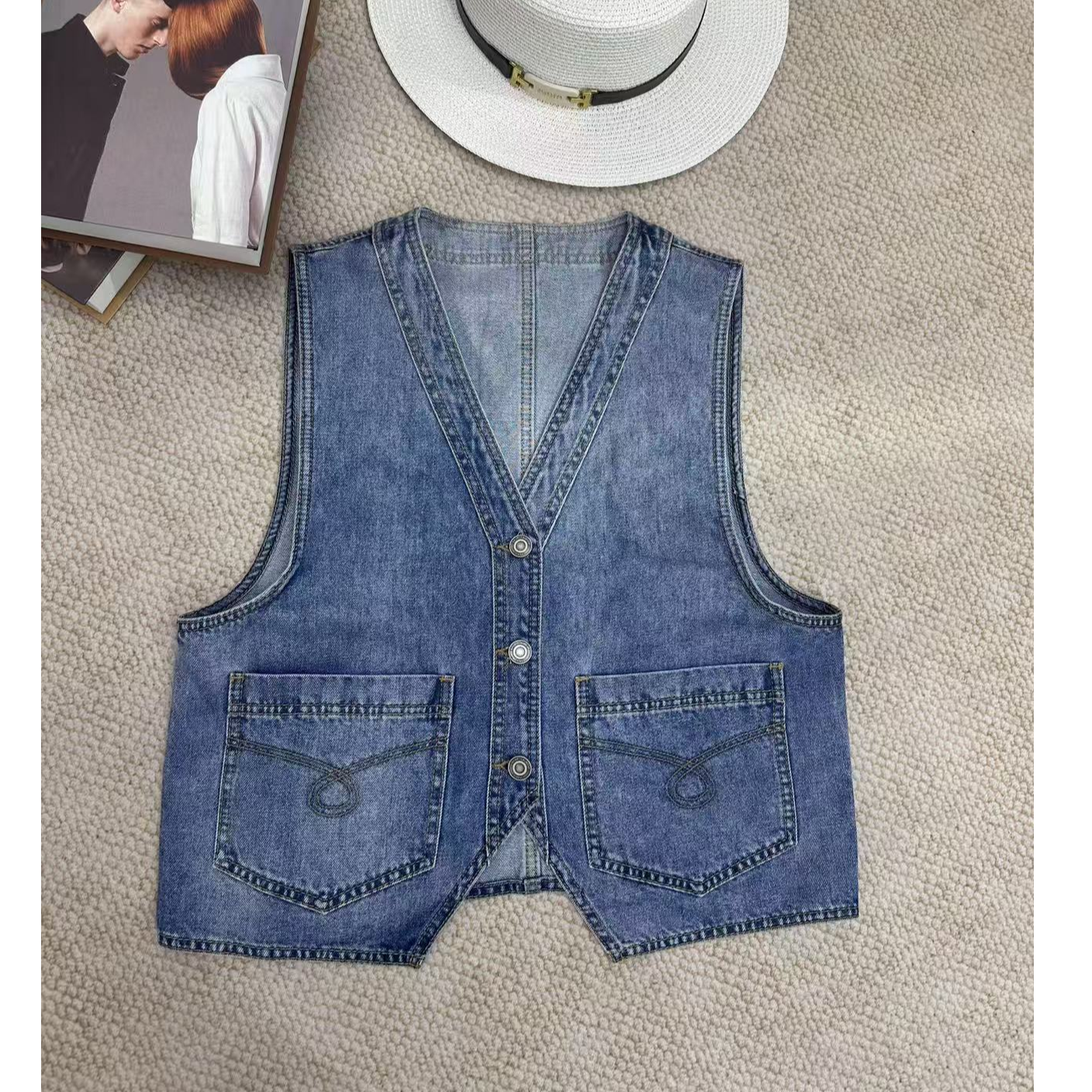 港风复古休闲时尚百搭显瘦短款牛仔马甲女  J250718