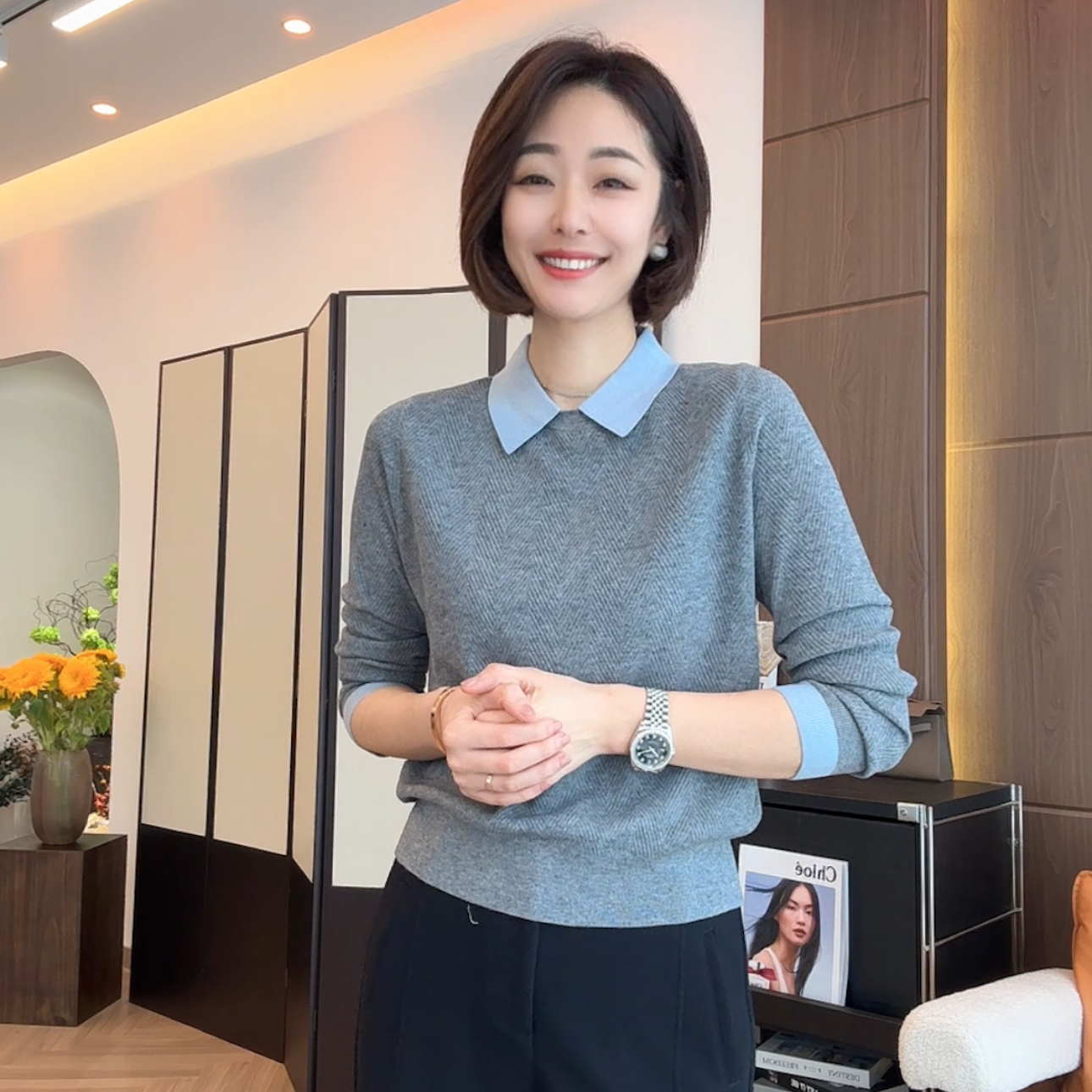 FIGO LOVE 气质款小领子款鱼骨纹设计款羊毛长袖5201