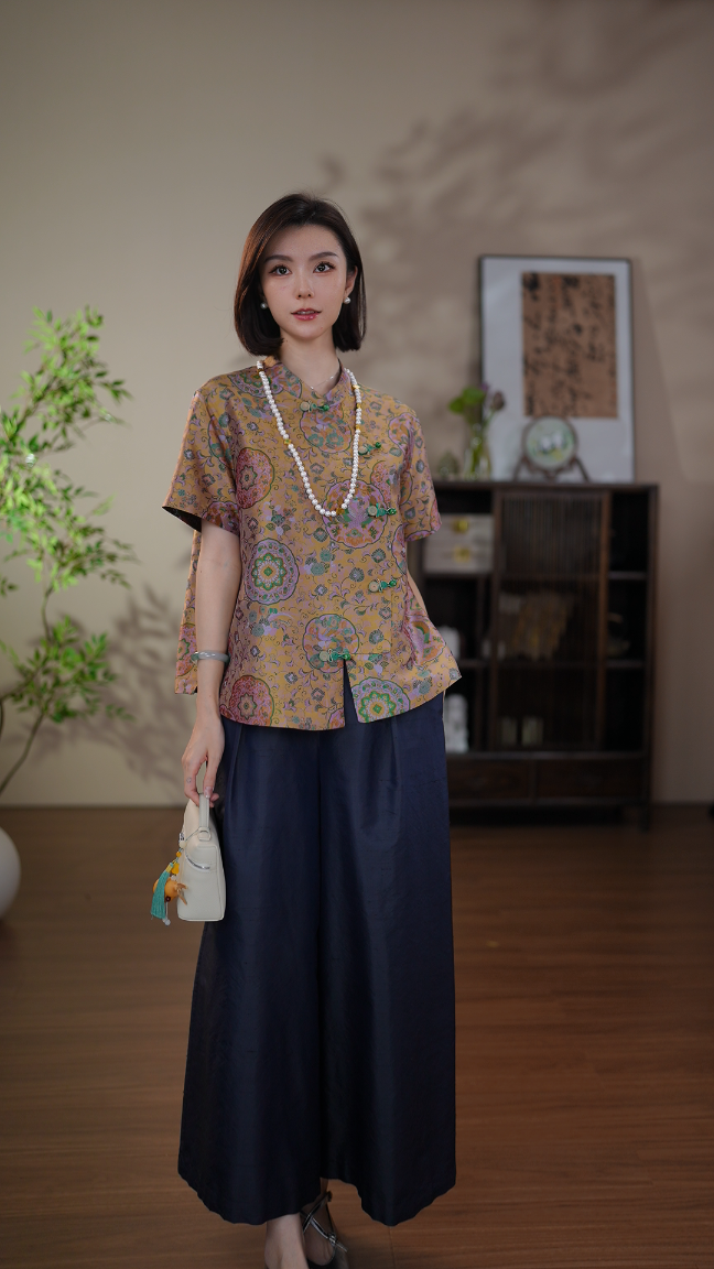 GONG QUE【凤穿牡丹宝相】新中式蚕丝气质双面穿蜀锦短袖上衣 3313