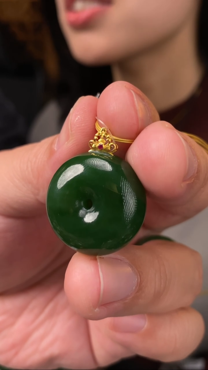 【闪购商品】和田玉吊坠18K金镶嵌【玉道侠侣】俄料碧玉7号矿平安扣