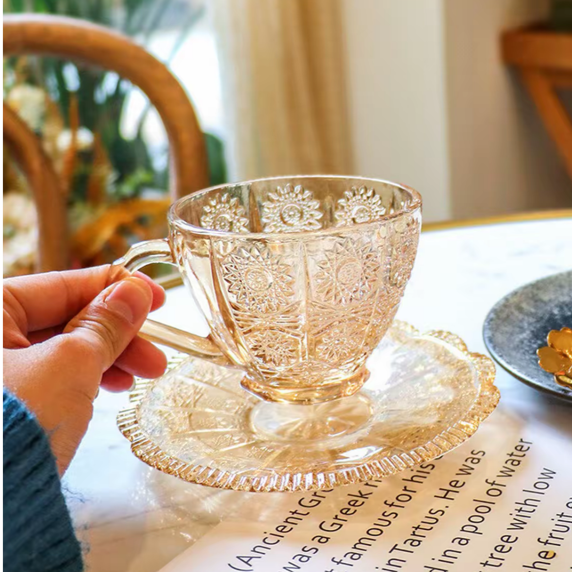 精致太阳花透明网红轻奢复古欧式杯碟杯子ins大口杯大容量咖啡杯
