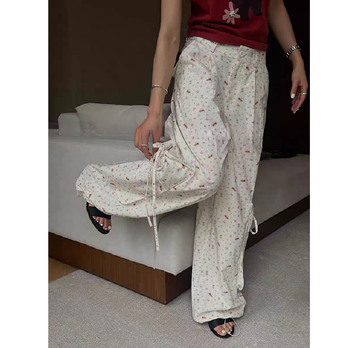  【奥莉】2025春夏：碎花大口袋抽绳休闲工装裤95667