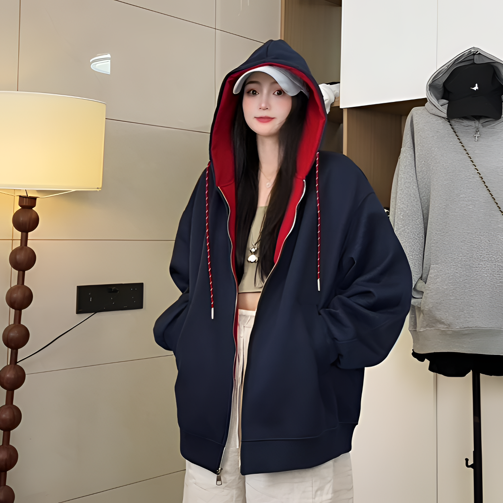 2025女春秋慵懒百搭复古连帽卫衣外套宽松休闲撞色开衫拉链上衣
