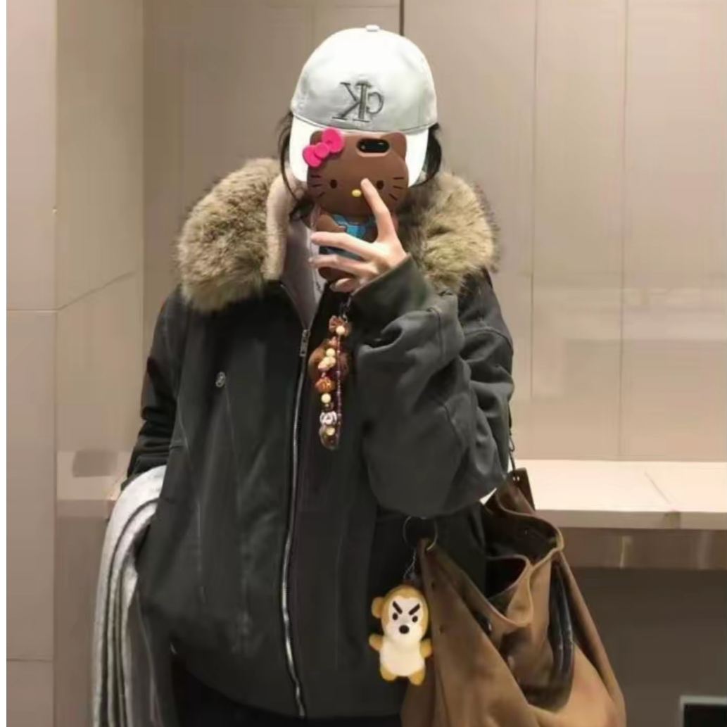 美式复古座山雕毛领外套小个子男女同款加厚连帽短款棉服潮