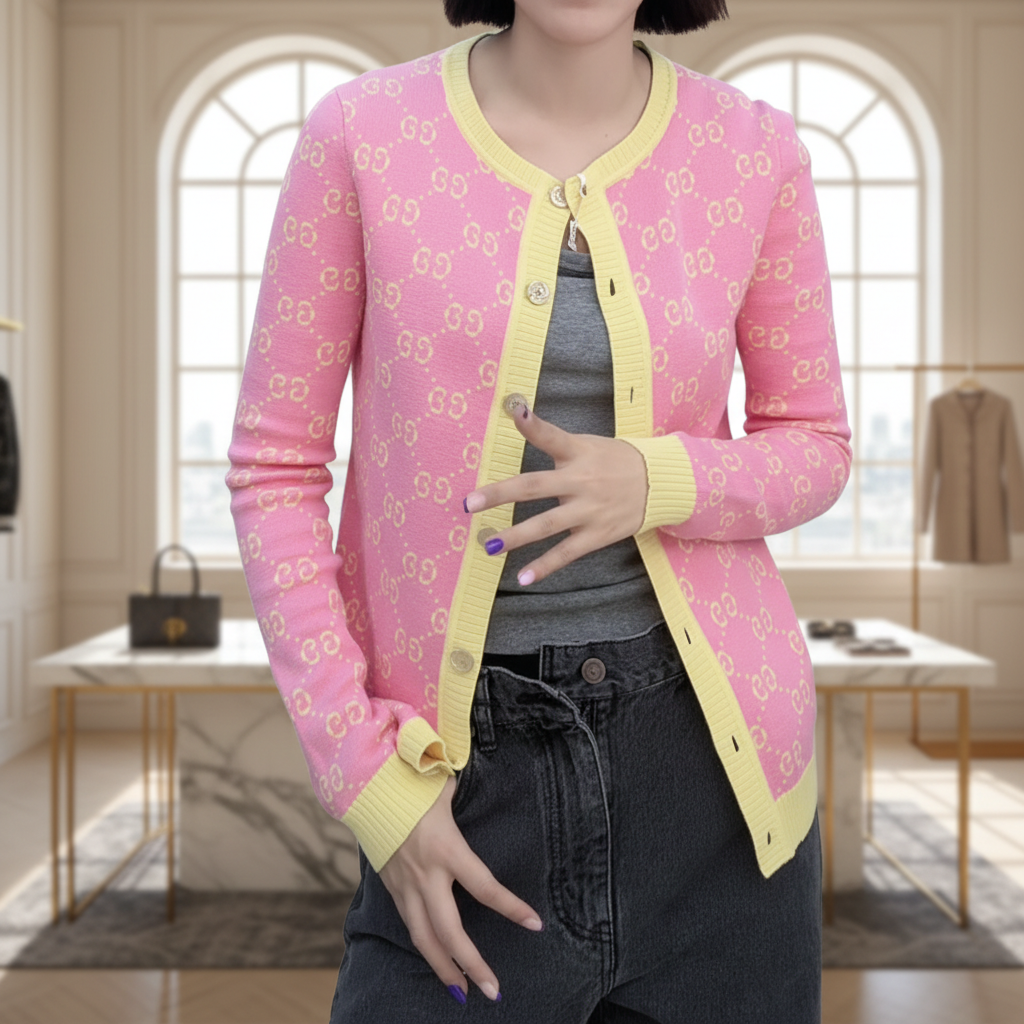 未使用 GUCCI/古驰 Gucci 满印logo排扣针织衫 粉色XS