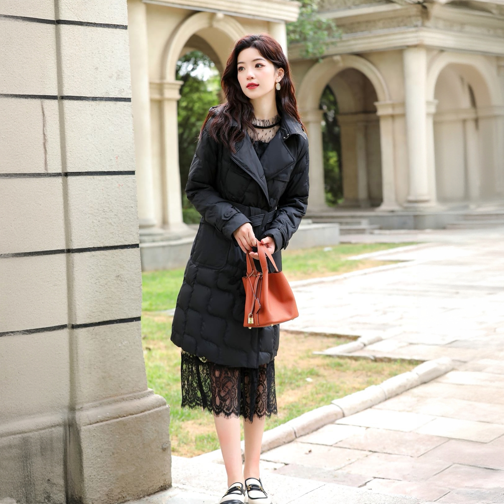 气质收腰中长款韩系风衣式系带鸭绒服 连帽冬季保暖显瘦不臃肿