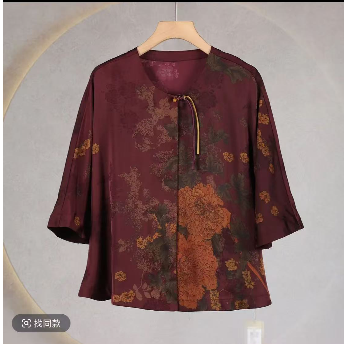 072-宽松中老年女装印花红色宽松型复古夏季盘扣薄款国风时尚圆领