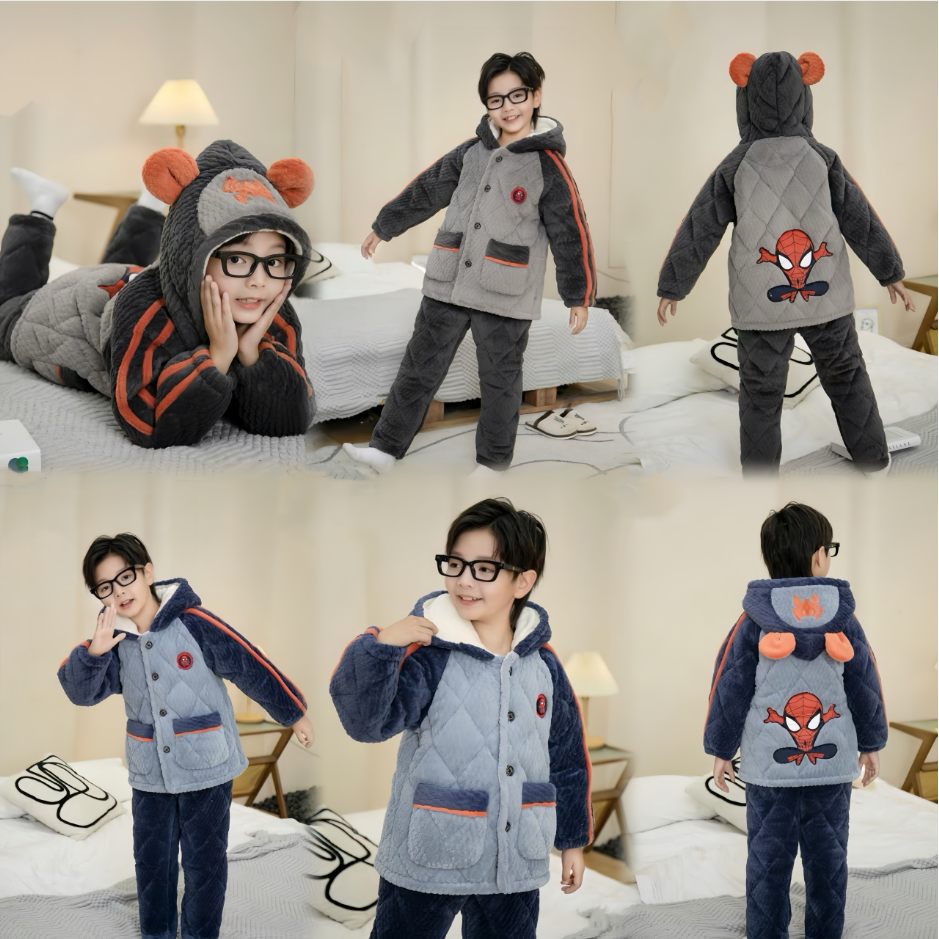 冬季蜘蛛侠新款胸前闪灯三层加棉加厚家居服套装1622-2622