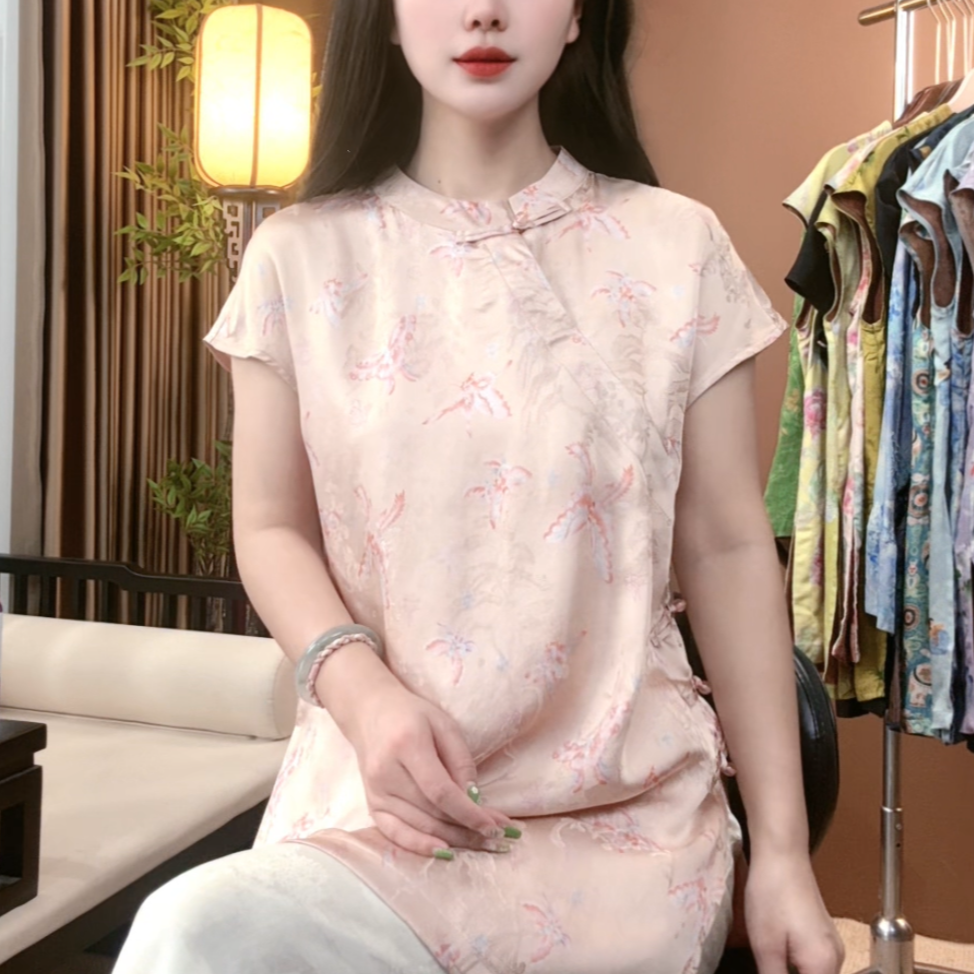 夏季新中式桑蚕丝盘扣短袖时尚提花中国风百搭上衣女S090