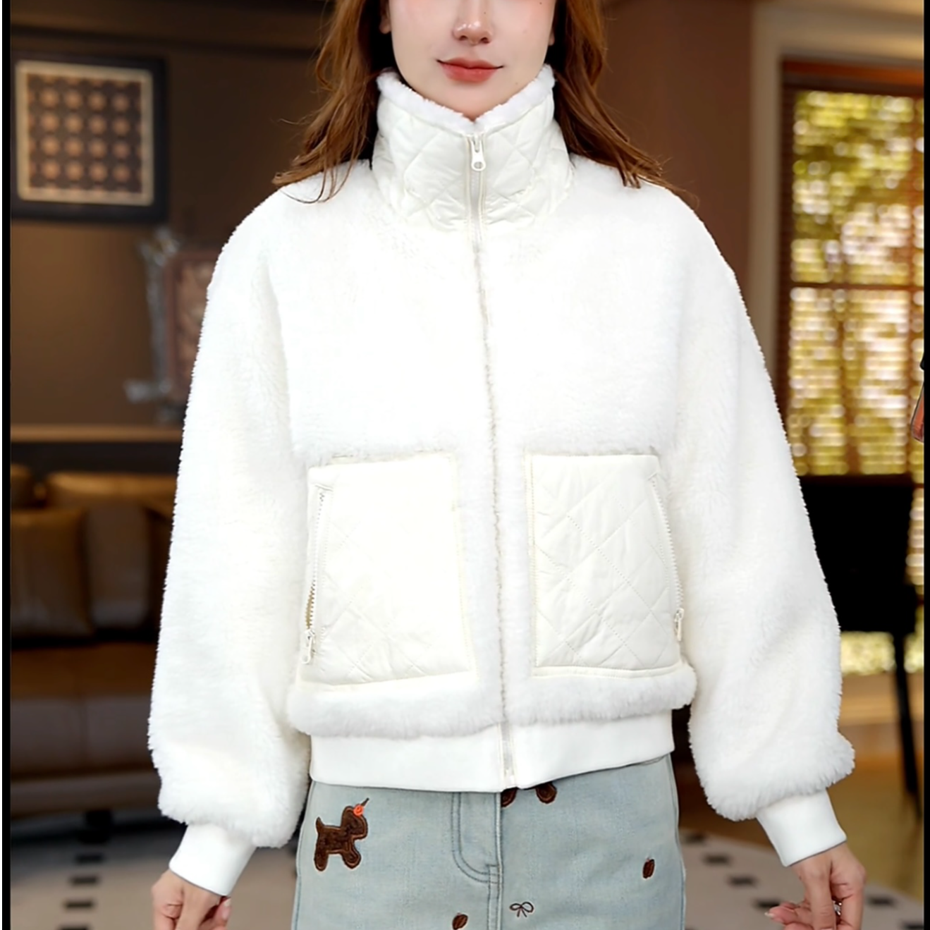 思思小个子服装【韩系小众菱形口袋设计毛绒外套】25F584