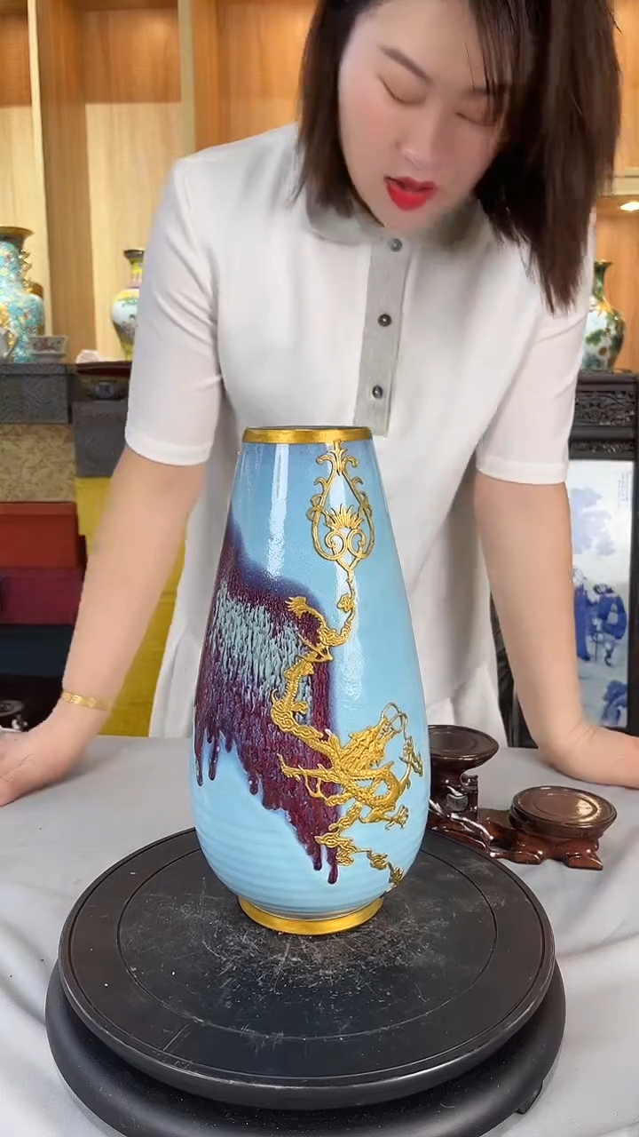 摆件景德镇陶瓷钧瓷描金龙纹福筒