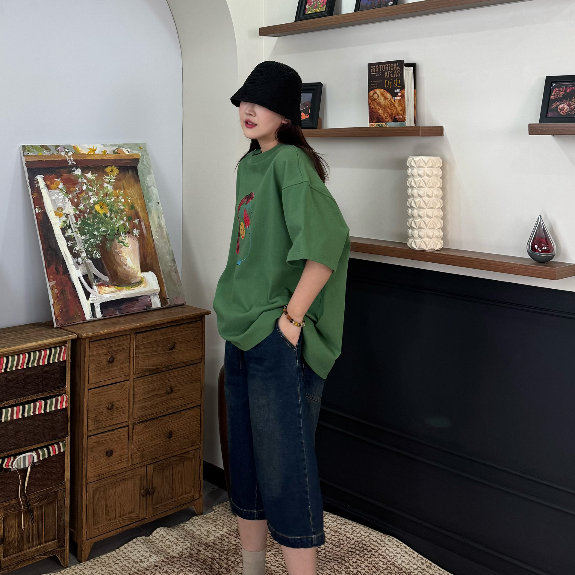 橘子罐头新款休闲两色百搭宽松印花复古设计感T恤