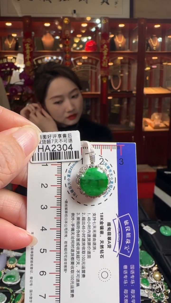 【闪购商品】翡翠颈饰18K金镶嵌HA2304冰辣绿无事牌