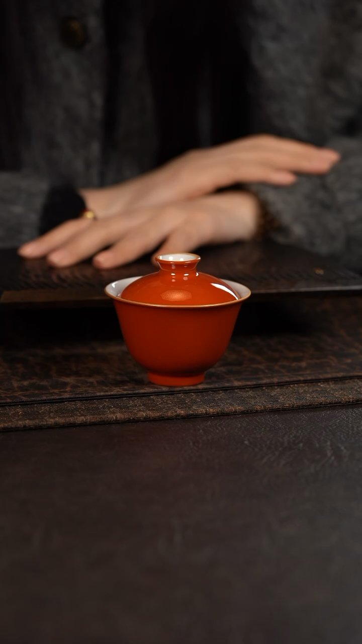 【闪购商品】杯云霞珍藏古彩描金珊瑚红纯色小盖碗