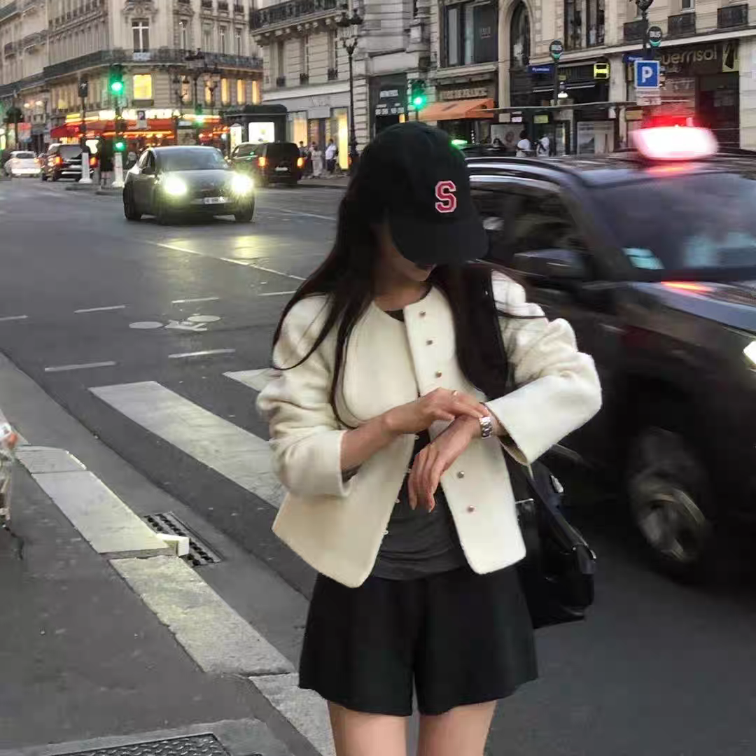 现Objet韩国东大门代购2025秋款圆珠扣减龄小香风毛呢短款外套女