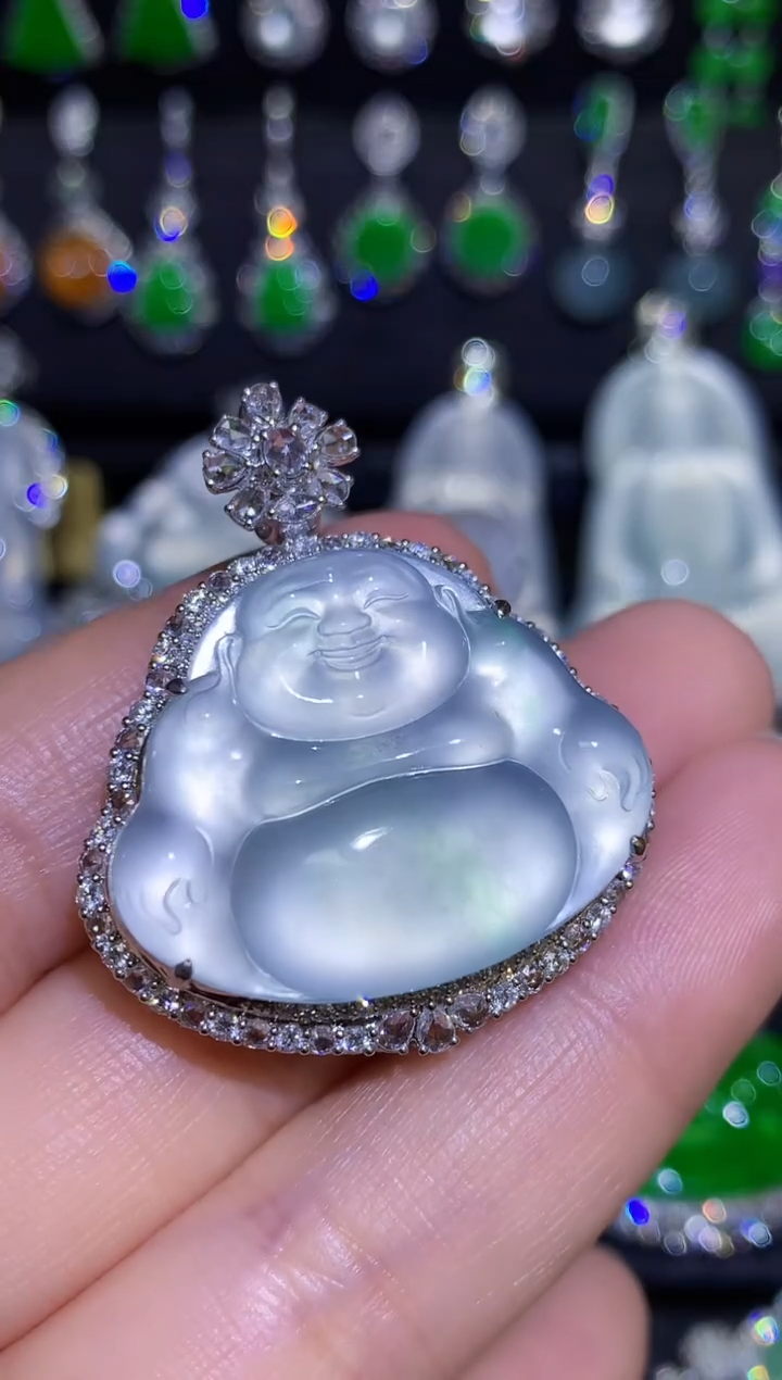 【闪购商品】翡翠颈饰18K金镶嵌玻璃种肚里藏金弥勒佛 后盖可拆卸