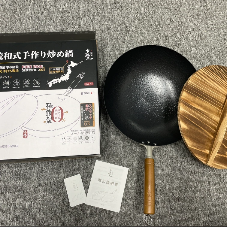 KLL无涂层传统水滴锤纹32cm木盖极铁炒锅