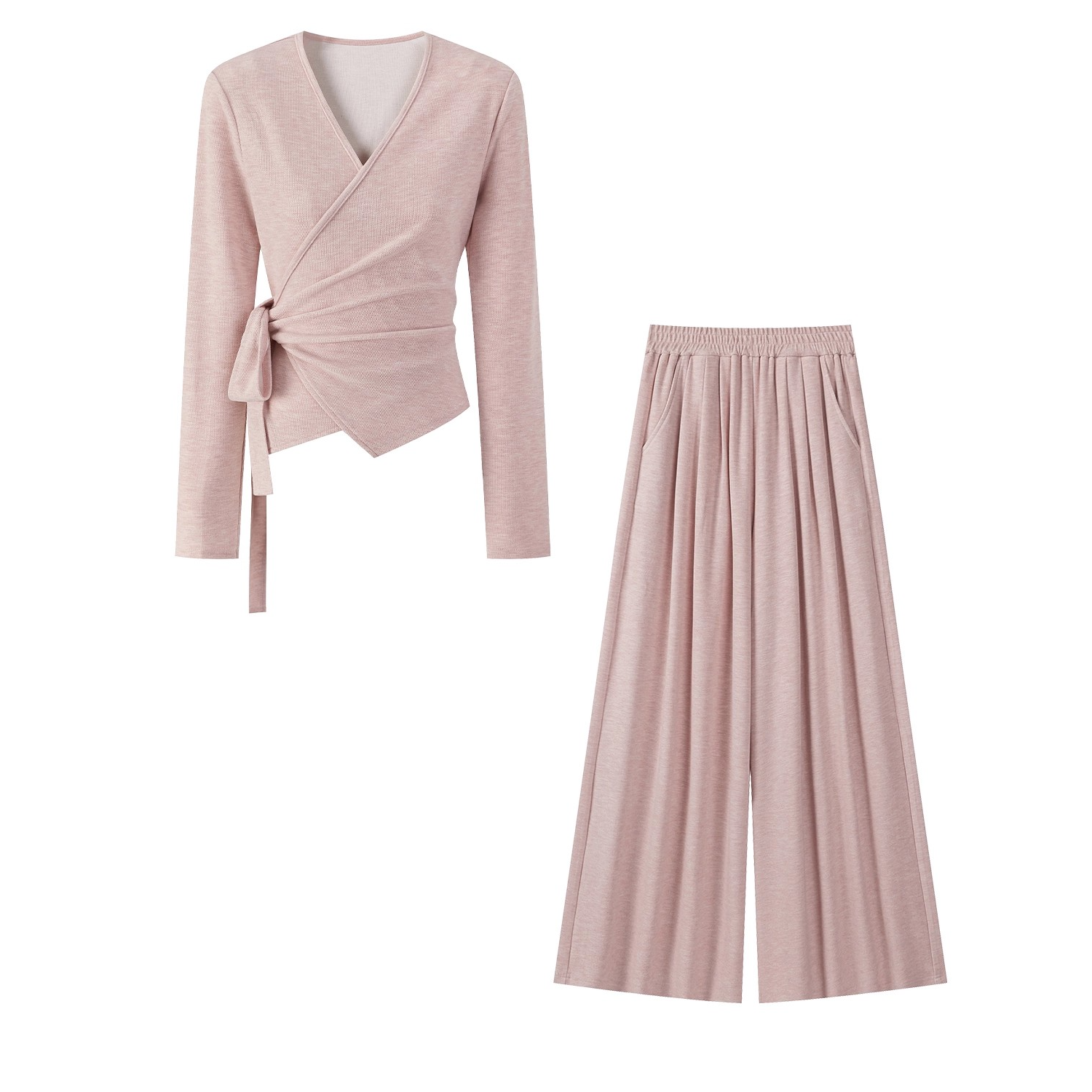 羊城故事-粉色绑带v领长袖t休闲裤套装女2025新款两件套Y50852545