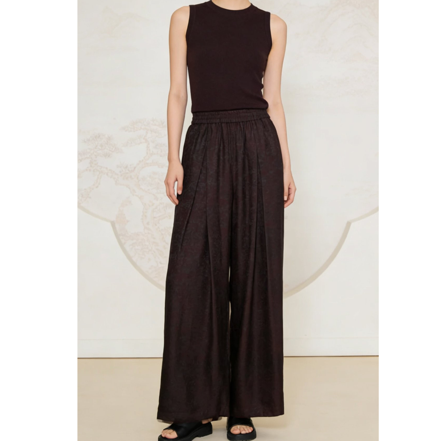 JINSILUO【红印】红黑新中式国风休闲裤百搭松紧腰直筒阔腿裤女裤