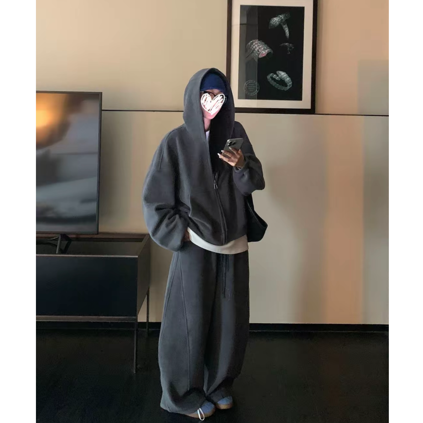 秋冬重磅奥粒绒套装连帽卫衣外套百搭加厚慵懒风宽松阔腿裤两件套