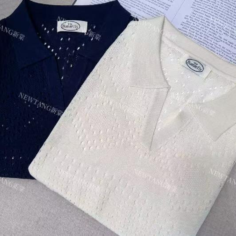 【方领V领镂空-米白】韩系甜美圆领针织短袖T恤女春夏新设计感温柔