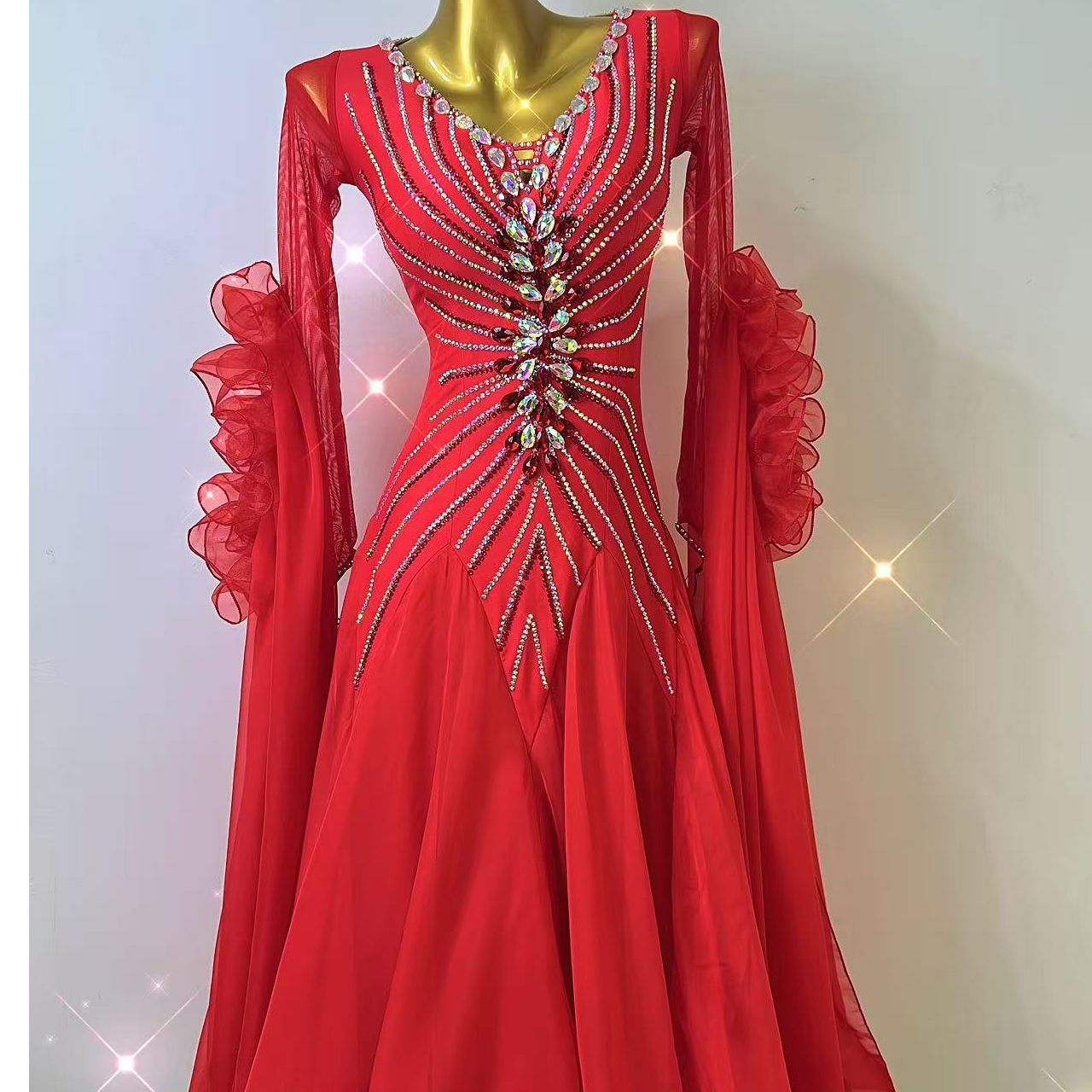 舞依阁新品大红色国产摩登舞裙国标舞交谊舞华尔兹高档新娘连衣裙