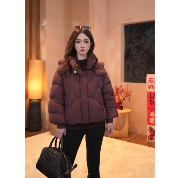 鸭鸭羽绒面包服女2025秋冬反季短款连帽宽松保暖休闲百搭厚外套v