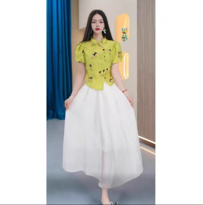 新中式国风复古仕女图夏季高级感缎面时尚洋气套装2528【5】