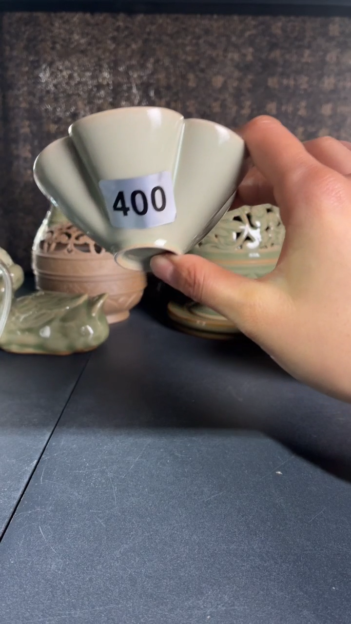 耀州窑仰山天青花口盏微瑕400