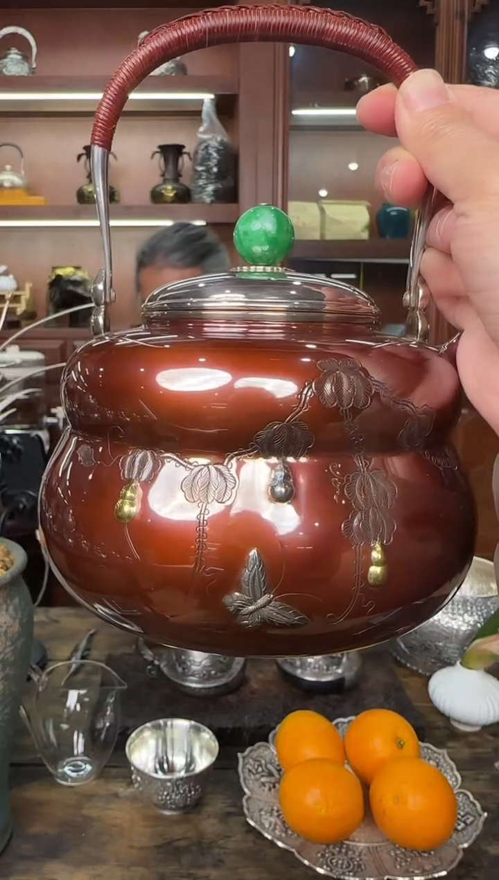 足银精工手工葫芦镶嵌铜包银提梁烧水壶