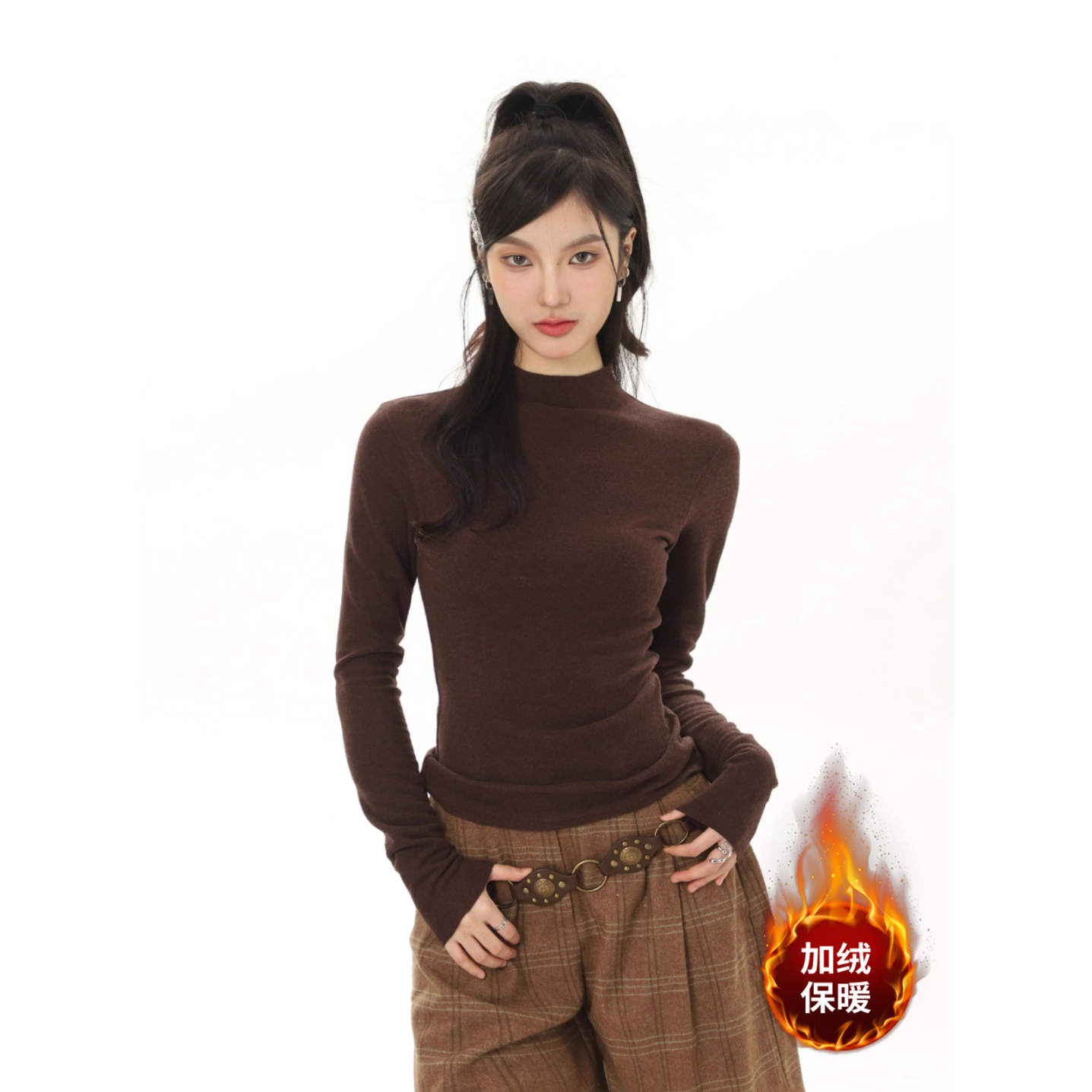 美拉德高级感上衣半高领打底衫女秋冬显瘦加绒保暖内搭长袖T恤女 