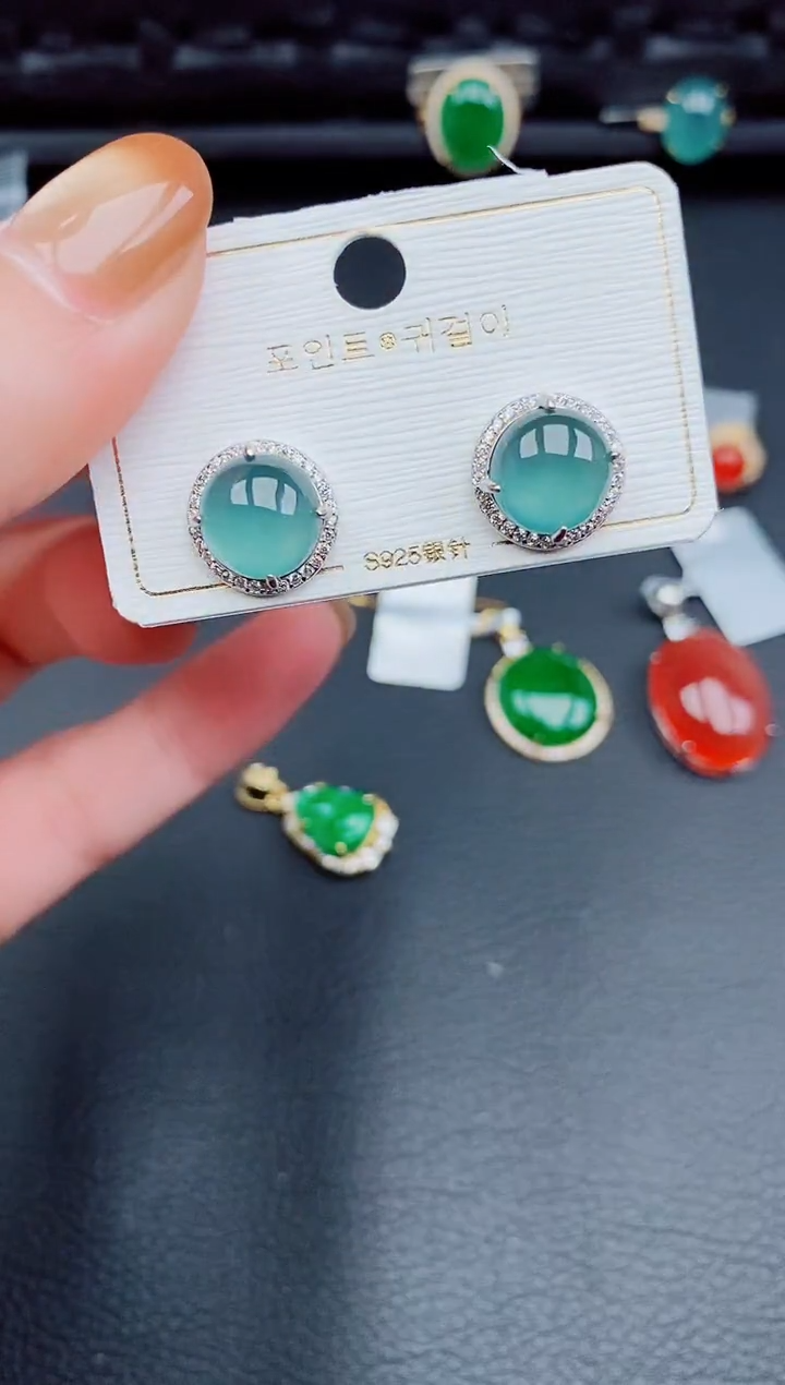 【闪购商品】翡翠耳饰银S925镶嵌天然a货翡翠454