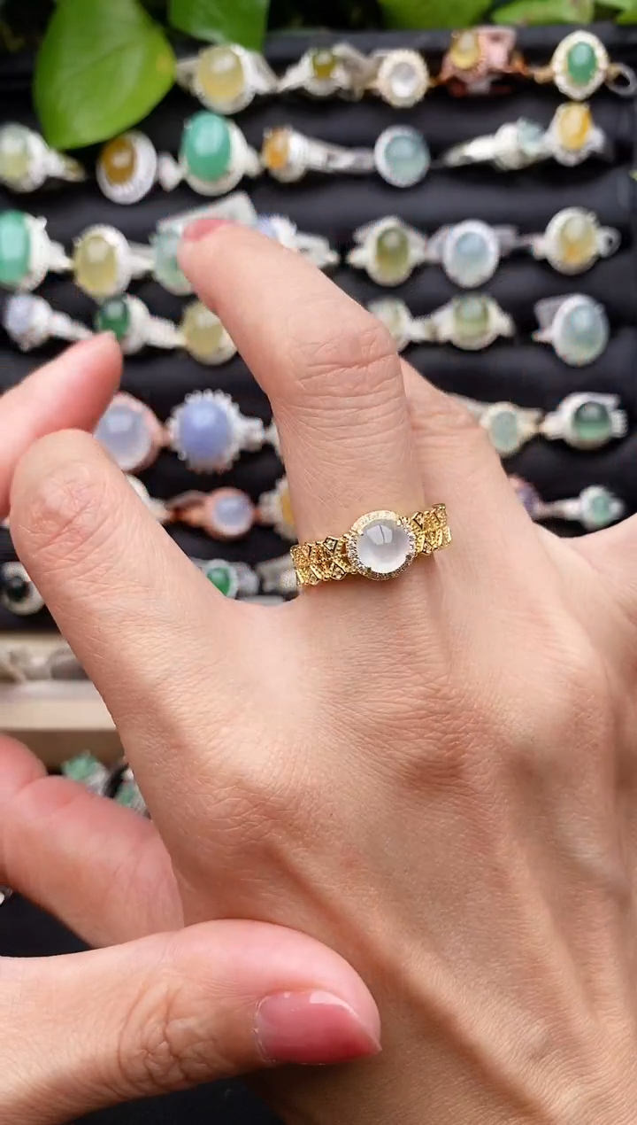 【闪购商品】翡翠戒指银S925镶嵌缅甸天然A货翡翠66  7-10