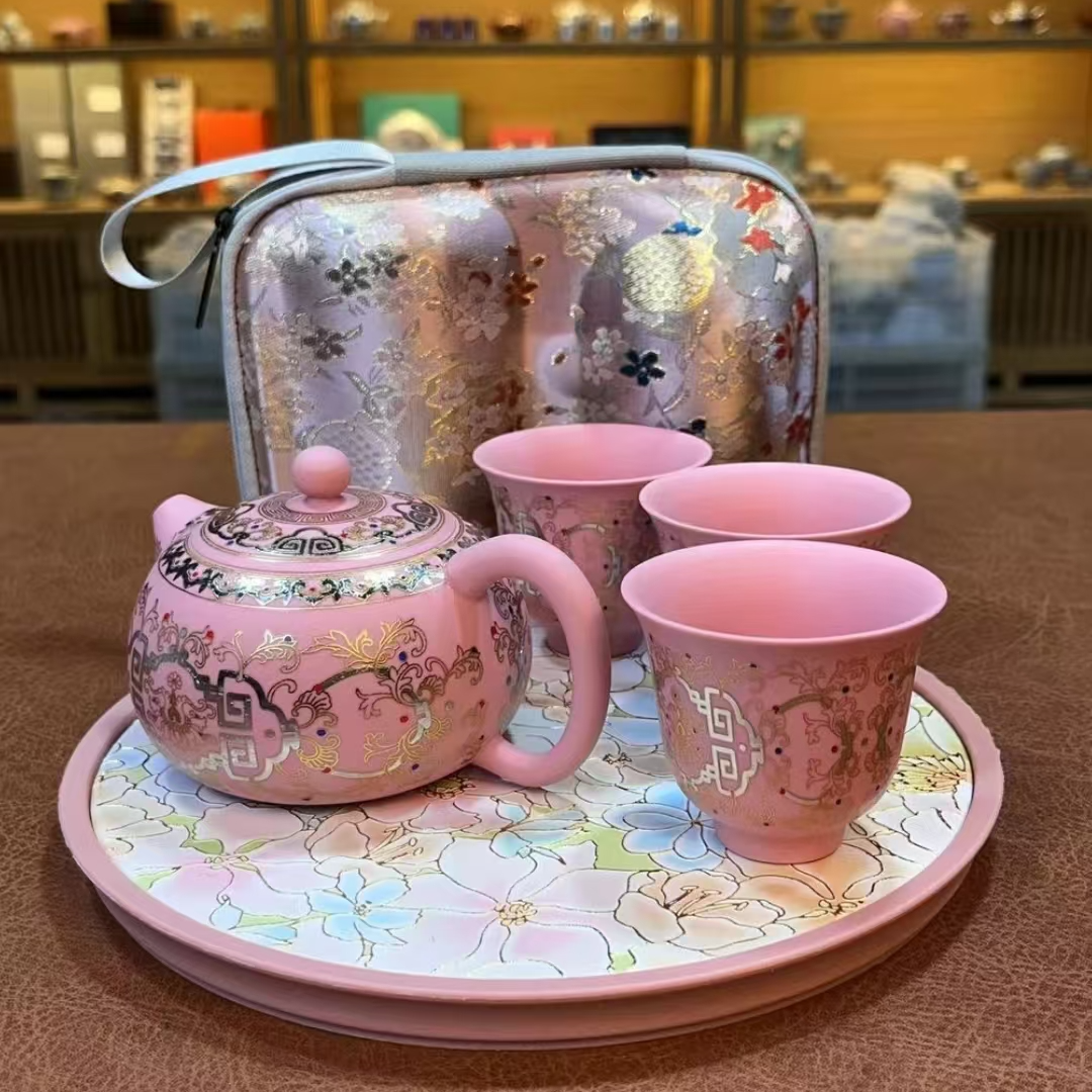 ZH3585-粉泥金银措凤鸣西施壶三杯（黄志军）锦上添花掐金吸水茶盘