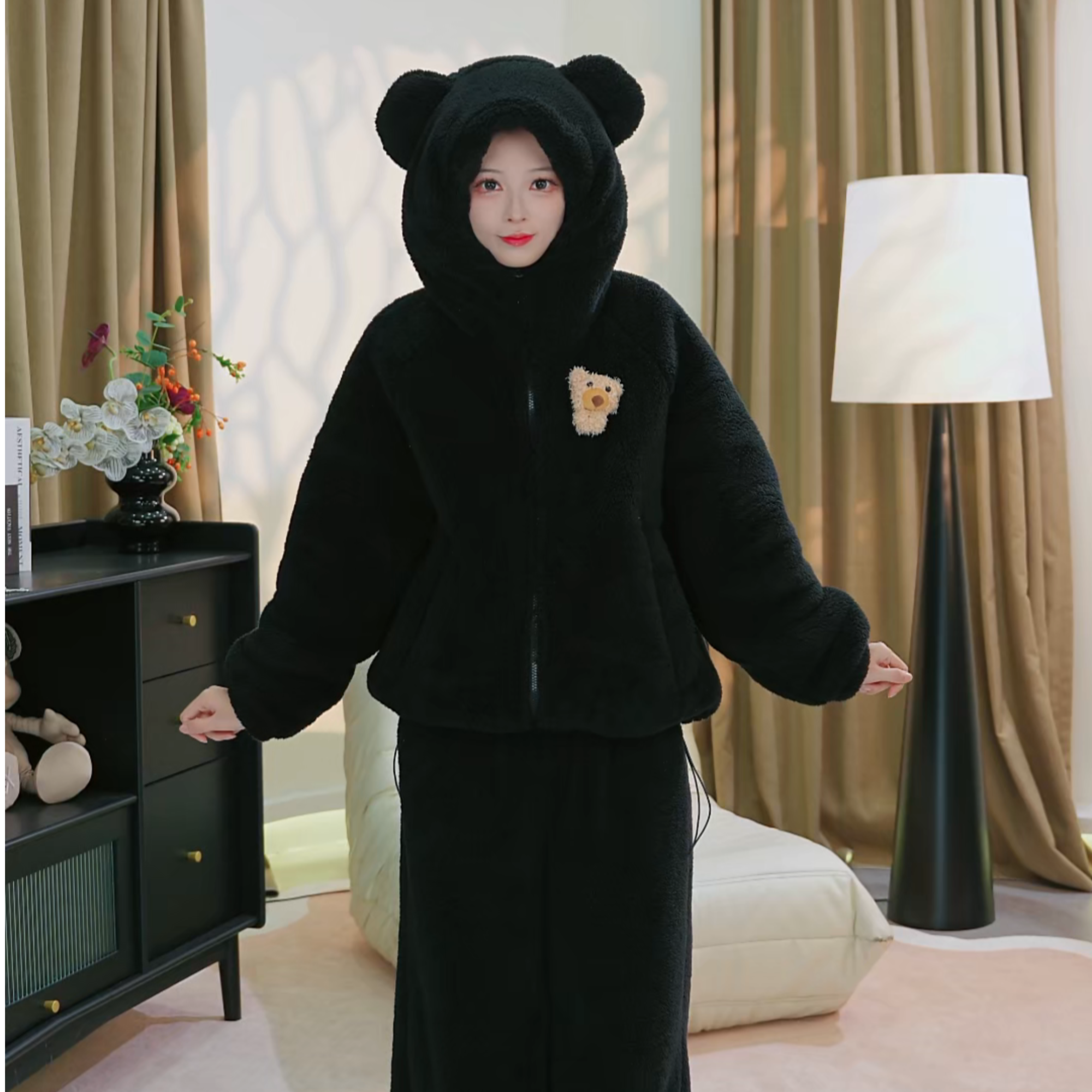 极寒系列加绒加厚暖感泡泡绒可爱小熊连帽三层复合可外穿家居服