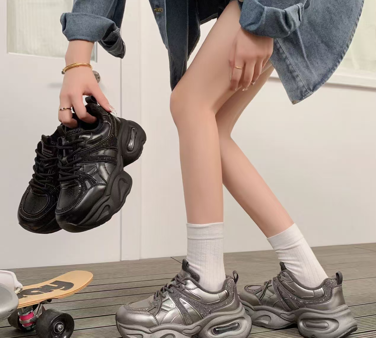 【华小姐】【加棉】秋冬季新款时尚潮流圆头厚底透气百搭休闲鞋1986