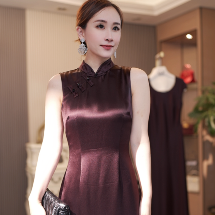 【晓时尚fashion】轻中式三醋酸缎面连衣裙中长款裙